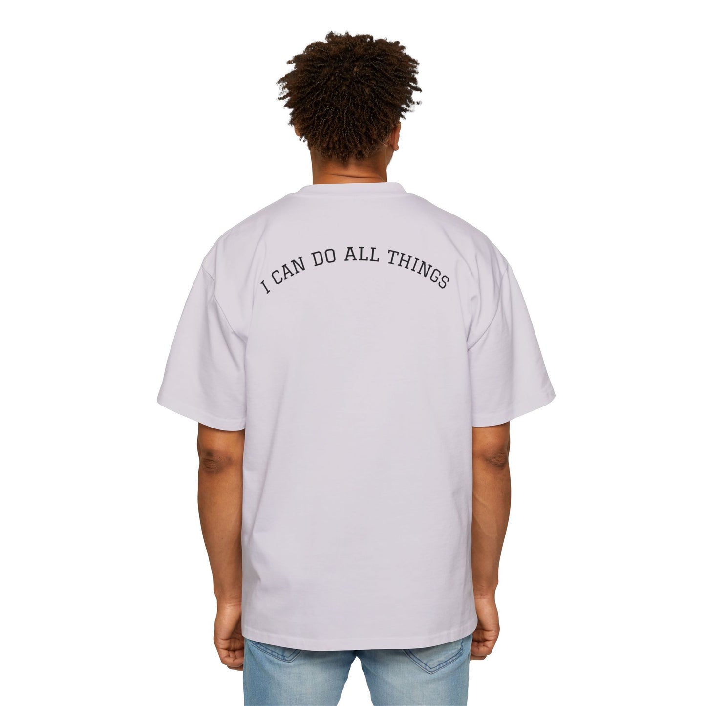 Christian Oversized Tee — "Philippians 4:13" Vertical Front & "I Can Do All Things" Back
