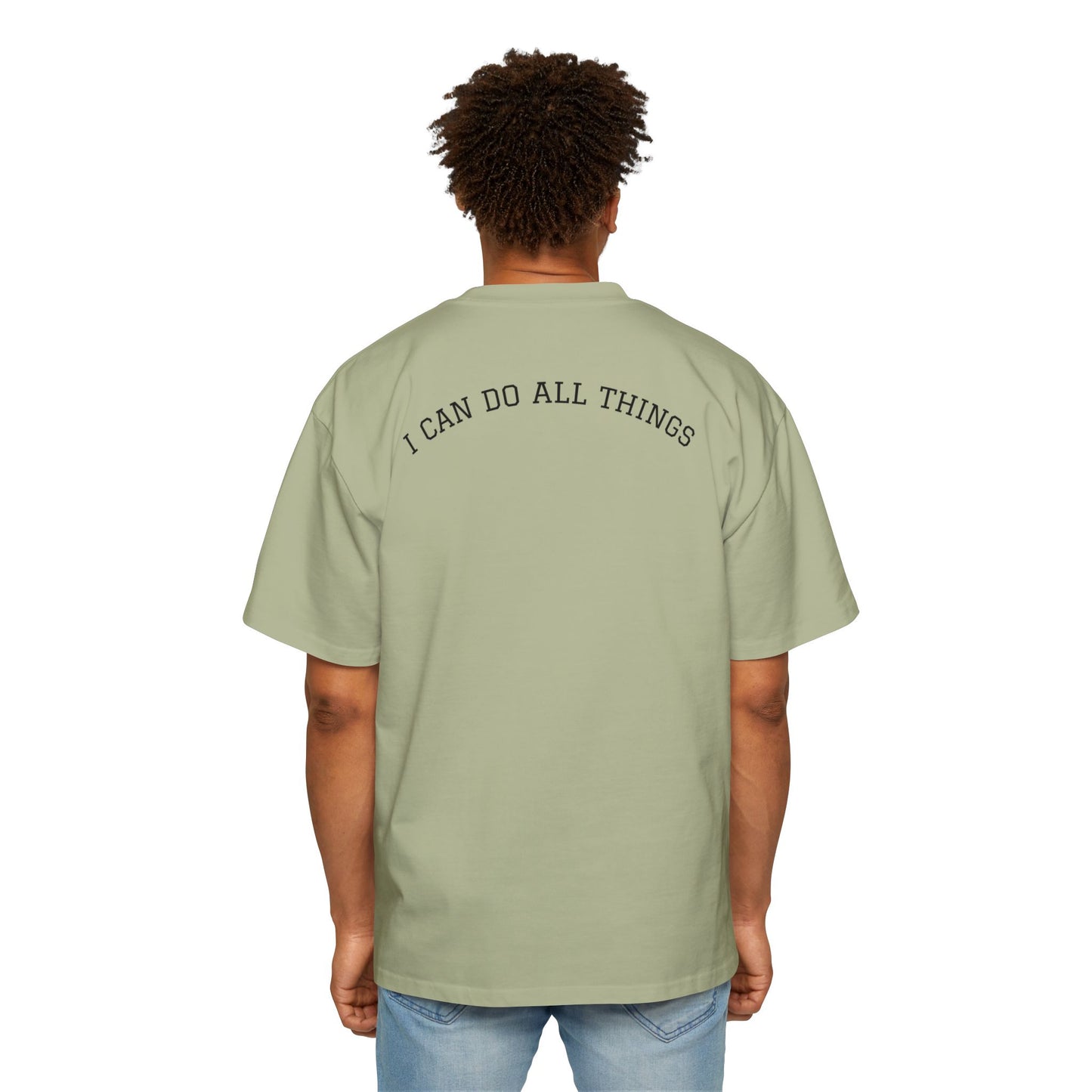 Christian Oversized Tee — "Philippians 4:13" Vertical Front & "I Can Do All Things" Back