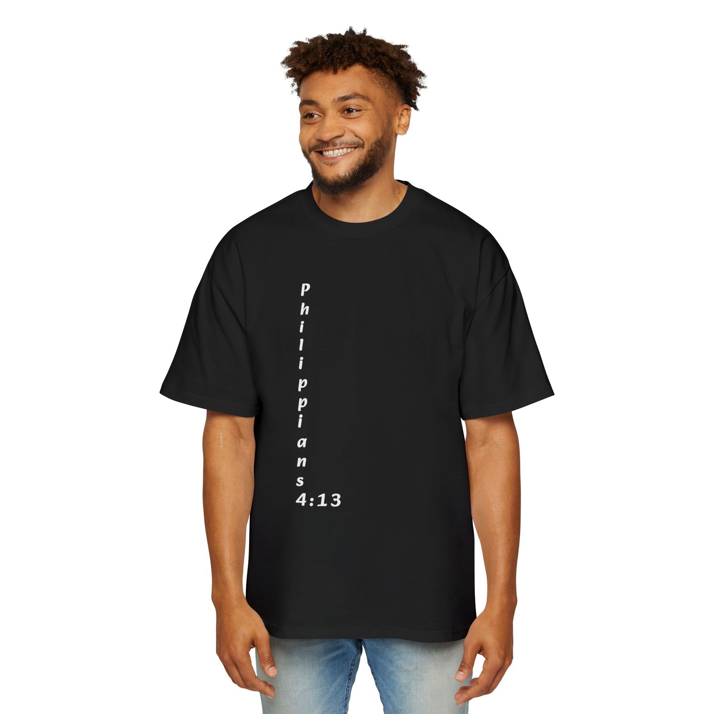 Christian Oversized Tee — "Philippians 4:13" Vertical Front & "I Can Do All Things" Back