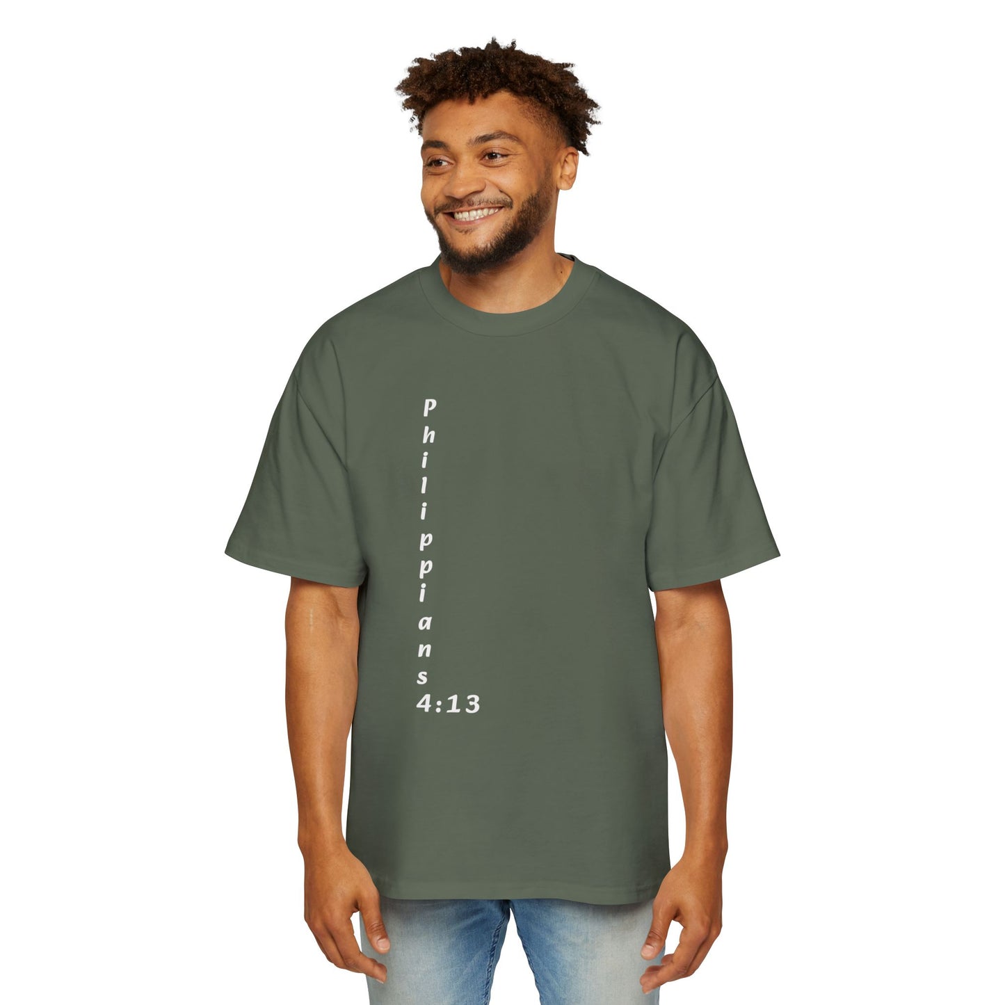Christian Oversized Tee — "Philippians 4:13" Vertical Front & "I Can Do All Things" Back
