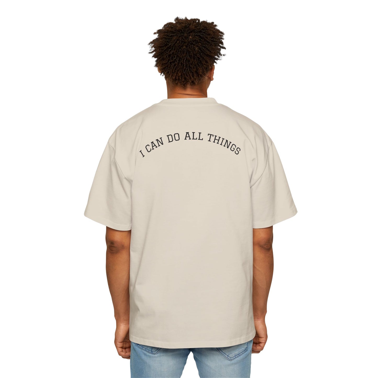 Christian Oversized Tee — "Philippians 4:13" Vertical Front & "I Can Do All Things" Back