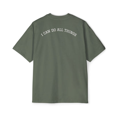Christian Oversized Tee — "Philippians 4:13" Vertical Front & "I Can Do All Things" Back