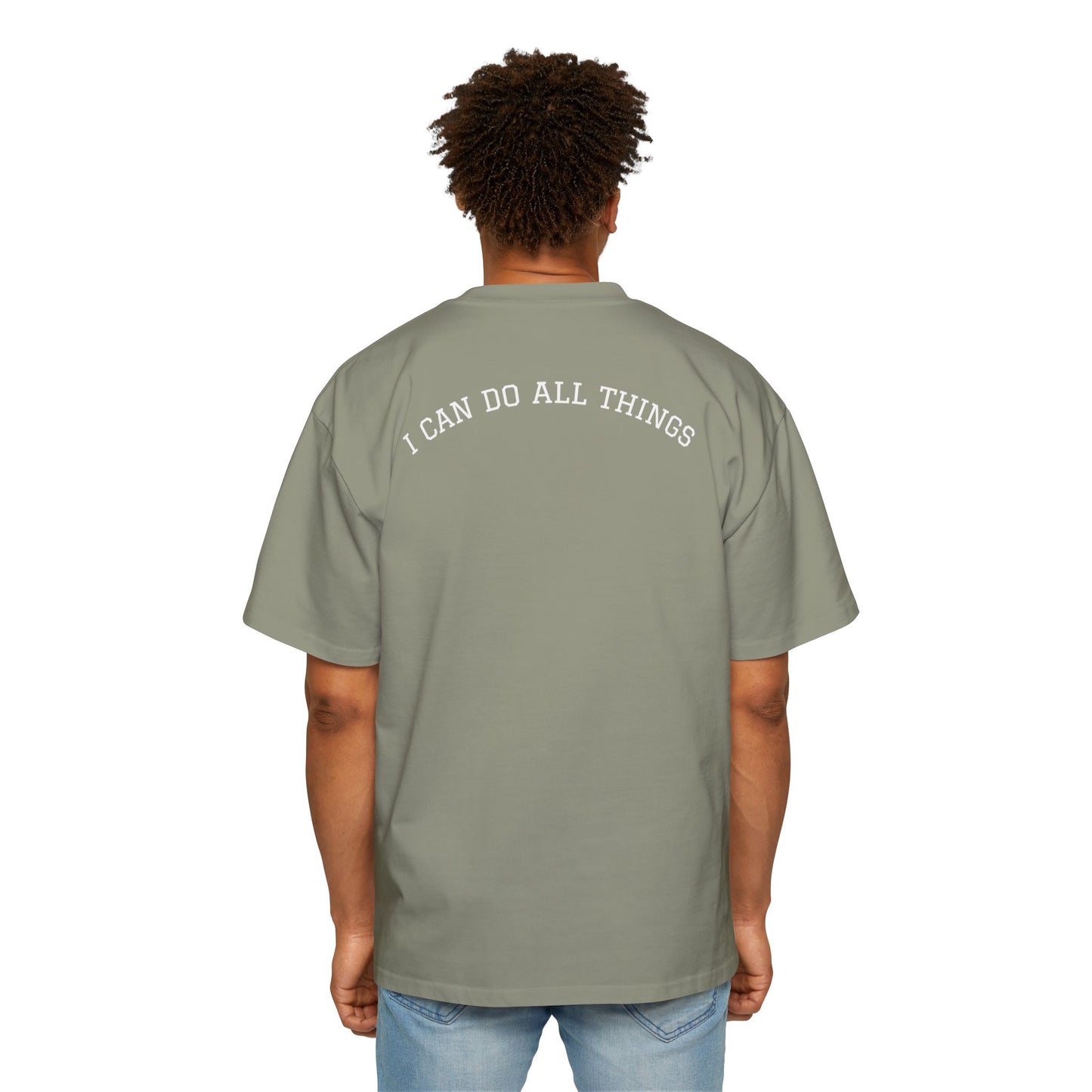 Christian Oversized Tee — "Philippians 4:13" Vertical Front & "I Can Do All Things" Back