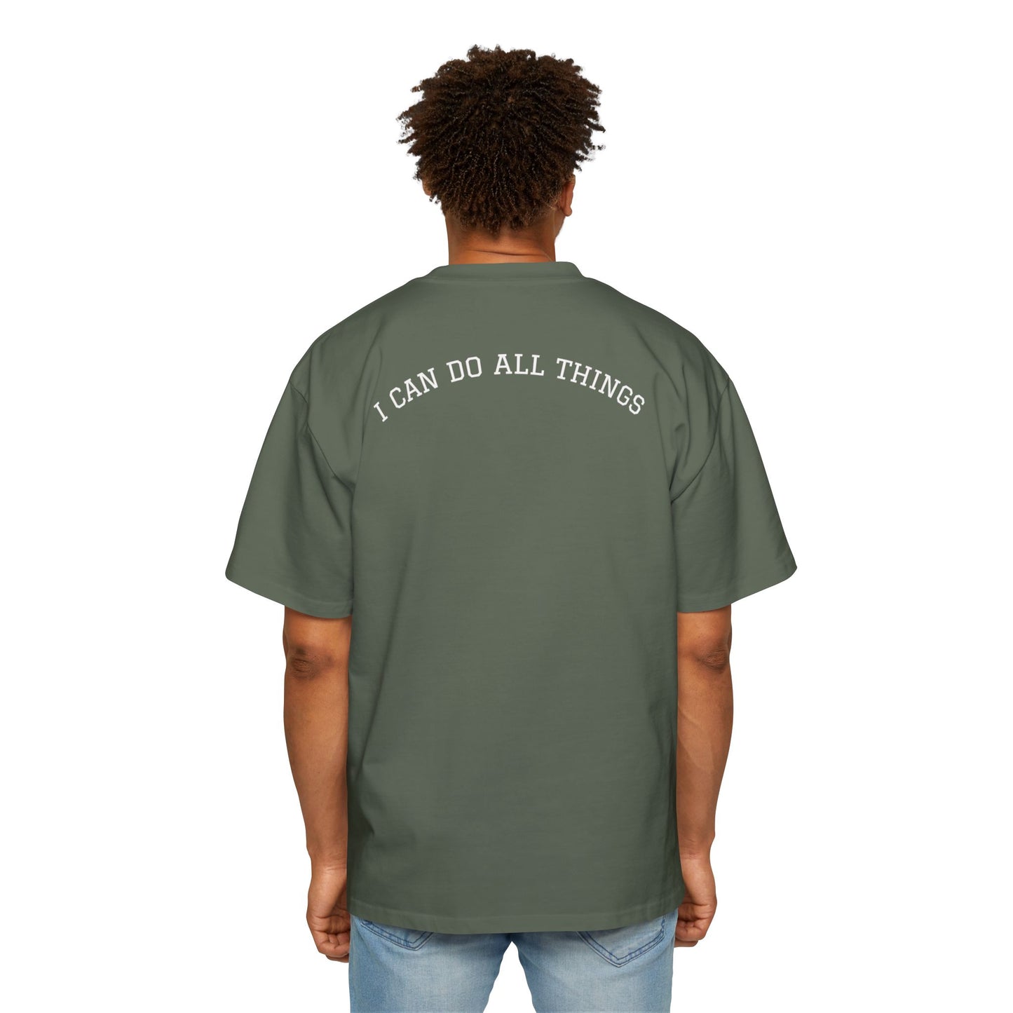 Christian Oversized Tee — "Philippians 4:13" Vertical Front & "I Can Do All Things" Back