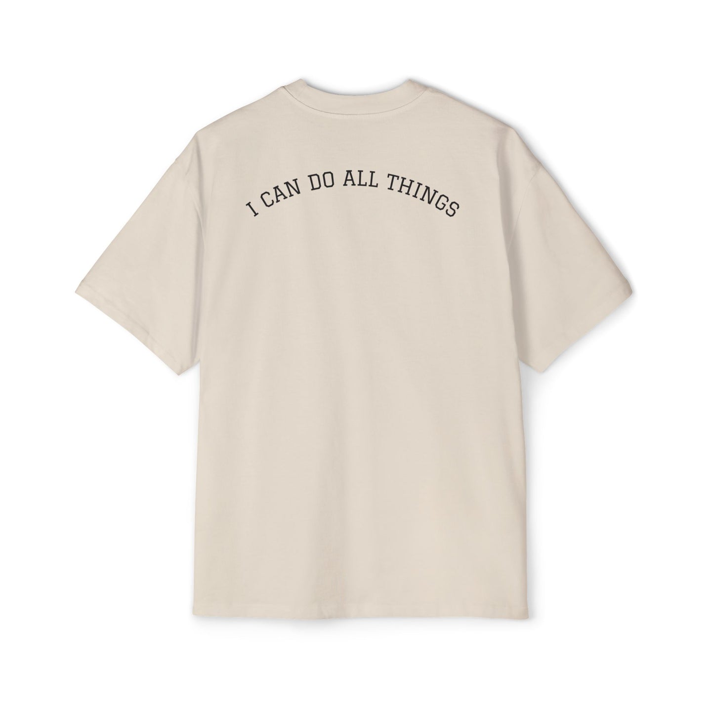Christian Oversized Tee — "Philippians 4:13" Vertical Front & "I Can Do All Things" Back