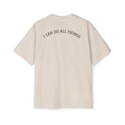Christian Oversized Tee — "Philippians 4:13" Vertical Front & "I Can Do All Things" Back